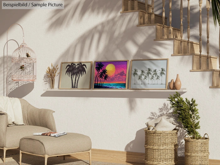 Cozy living room with paintings of palm trees on a shelf, wicker baskets, a bird cage, and a cushioned chair.