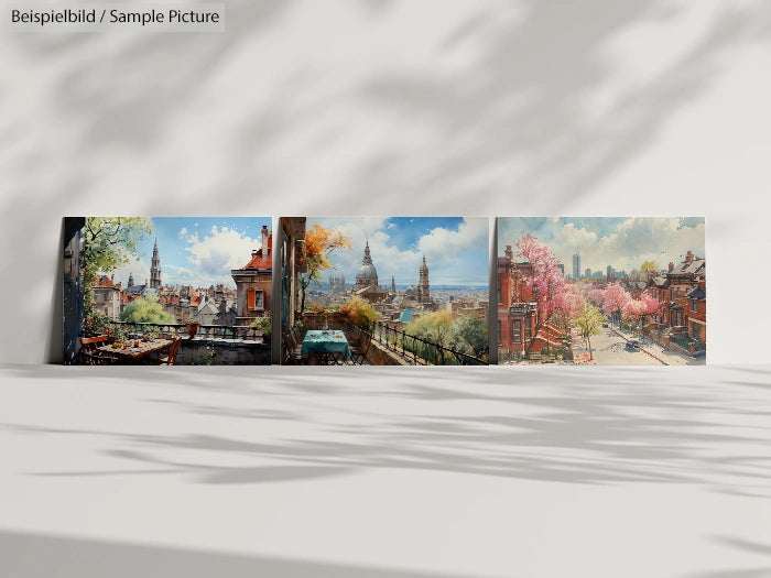 Three landscape paintings depict city skylines and rooftops under blue skies with lush green and cherry blossom trees.
