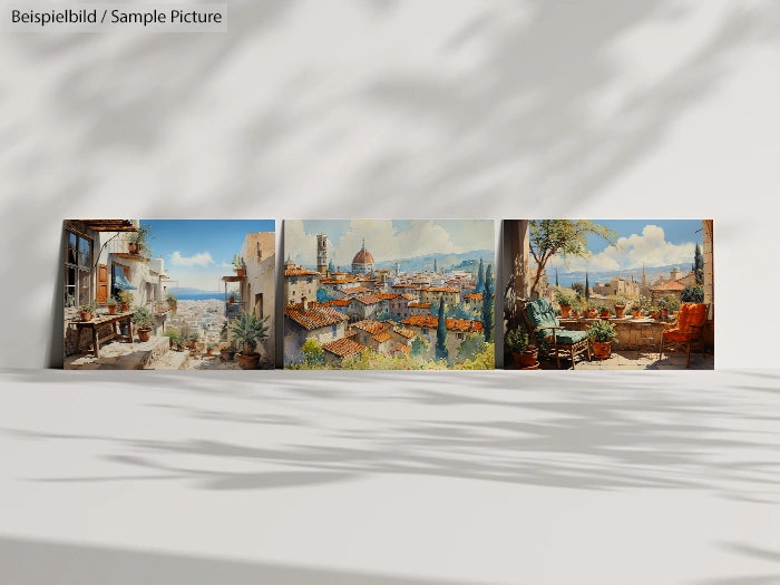 Three paintings depicting sunny Mediterranean landscapes with terracotta rooftops and lush greenery on display.