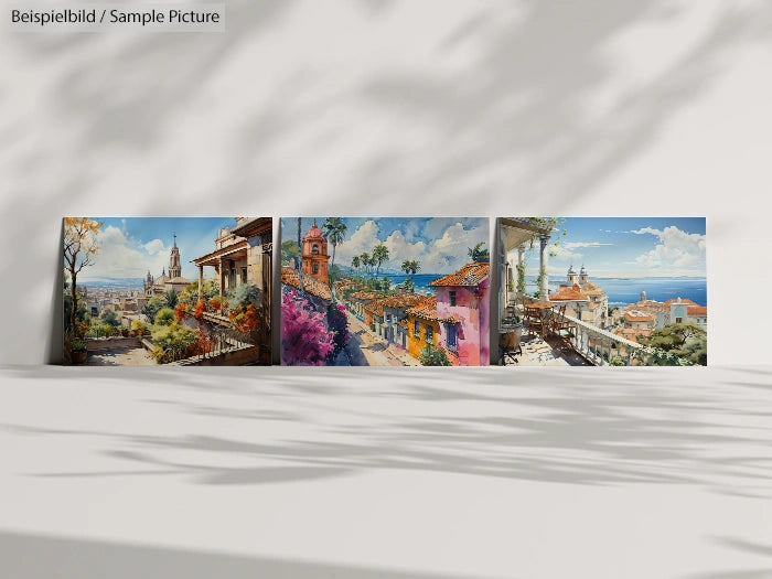 Three colorful landscape paintings with scenic views of Mediterranean architecture and vibrant flowers.