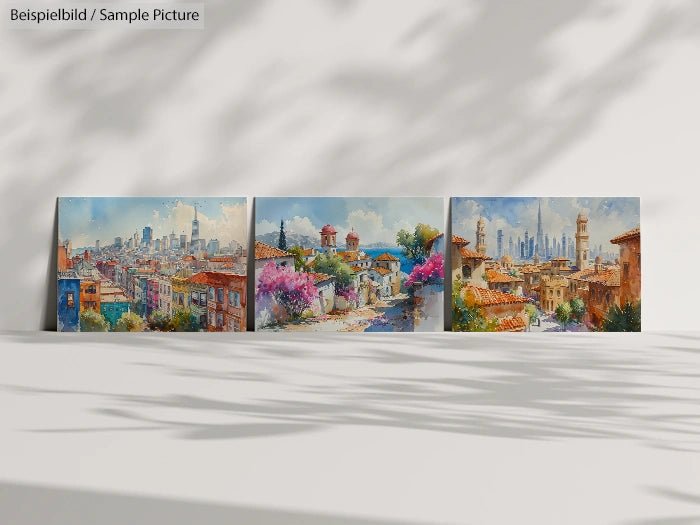 Three vibrant landscape paintings depicting cityscapes with colorful buildings and lush greenery under a sunny sky.