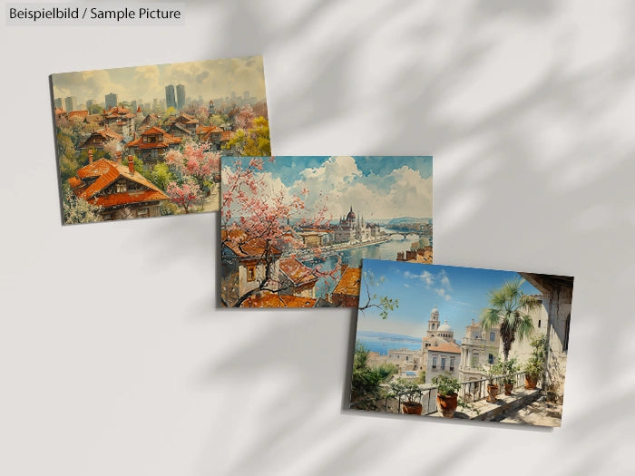 Three paintings of scenic landscapes, featuring urban rooftops, cherry blossoms, and a sunlit balcony with distant ocean view.