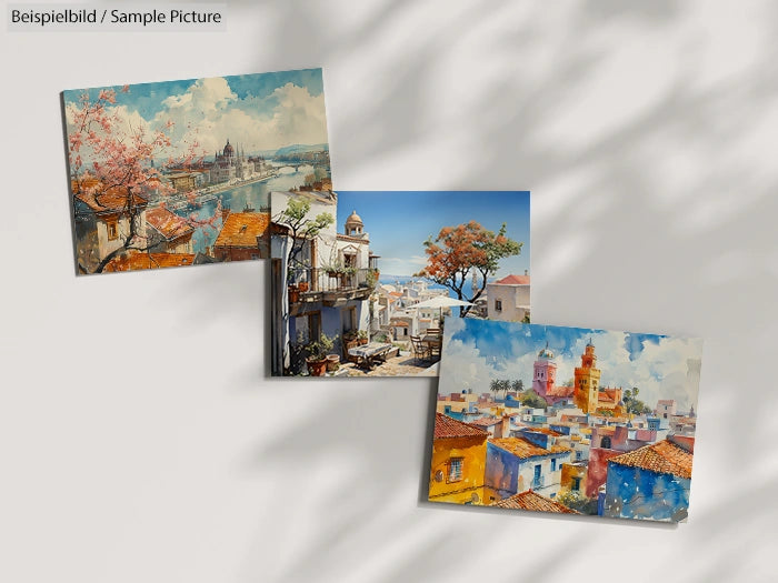 Three paintings depicting colorful European cityscapes with vibrant buildings and natural scenery.
