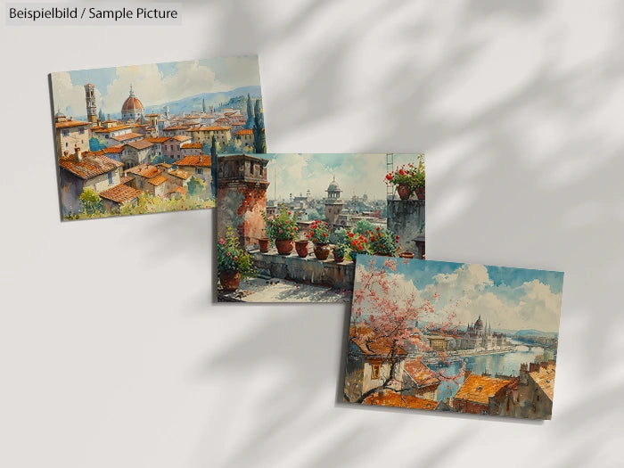 Three paintings of European cityscapes with red rooftops, scenic views, and vibrant skylines on a white background.