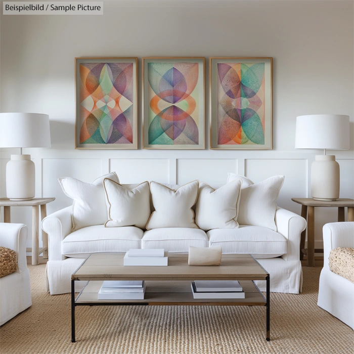 Living room with white sofa, abstract geometric art, and neutral decor.