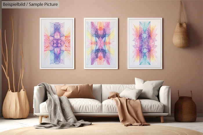 Modern living room with neutral tones, white couch, and abstract geometric art on wall.