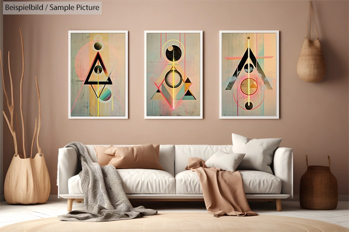 Modern living room with abstract geometric art, beige sofa, cushions, and tall vases on a wooden floor.