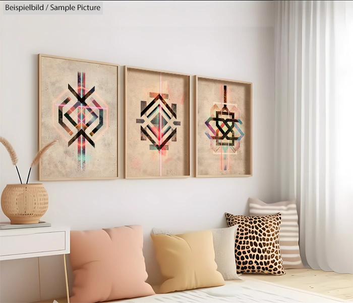 Bedroom with three geometric art pieces above a couch with pastel and leopard print cushions.