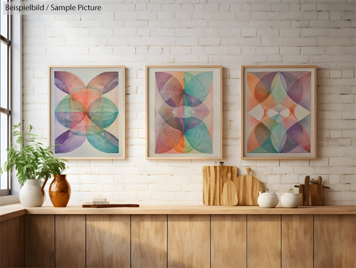 Three abstract geometric artworks on a white brick wall above a wooden counter with kitchen items.