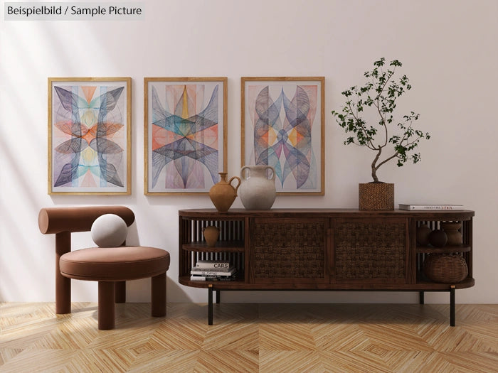 Modern living room with abstract art, a round chair, dark wood sideboard, and a small plant on parquet flooring.