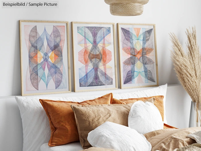 Framed abstract art above a cozy bed with orange and white pillows in a modern bedroom setting.