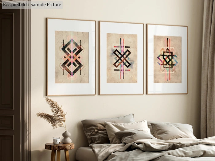 Bedroom with a cozy bed, decorative pillows, and three abstract geometric paintings on the wall.
