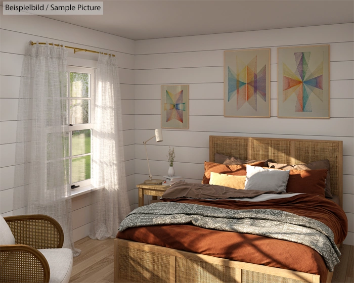Cozy bedroom with a wicker bed, abstract art on walls, soft textured curtains, and warm natural light from the window.