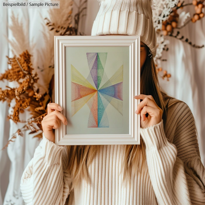 Person in winter attire holding framed abstract artwork in front of face, surrounded by autumn leaves decor.