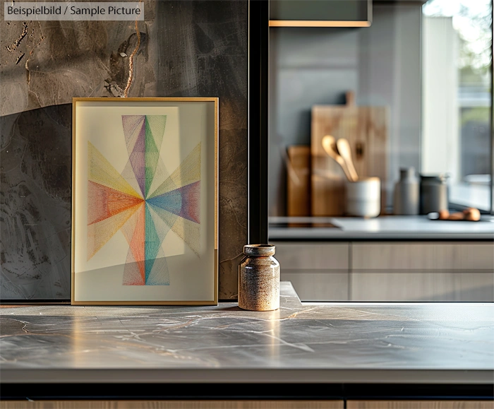 Modern kitchen countertop with abstract framed artwork and a small jar, featuring wooden kitchen tools in the background.