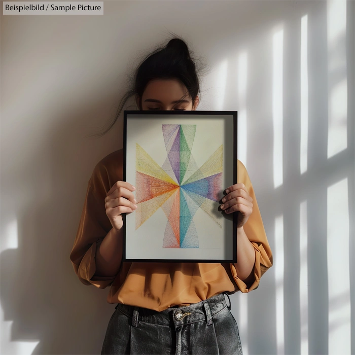 Person holding abstract geometric artwork with colorful star pattern against sunlit wall background.