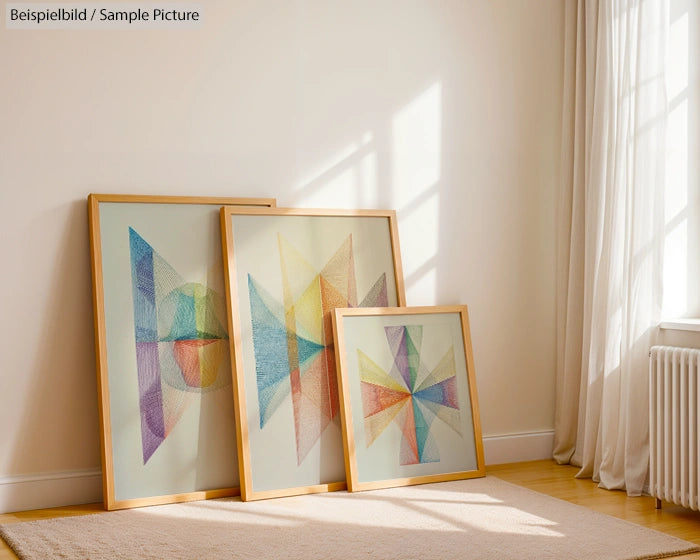 Three framed abstract geometric artworks leaning against a beige wall, with sunlight streaming through a window.