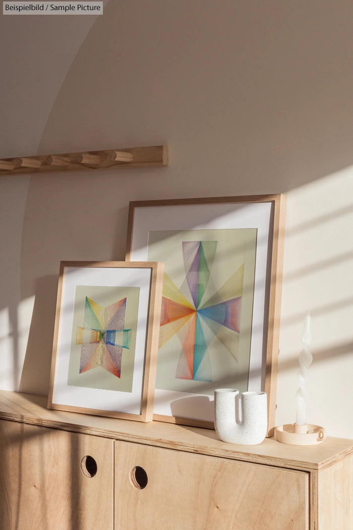 Two framed abstract geometric artworks on a wooden sideboard, with soft sunlight casting shadows in a minimalist interior.