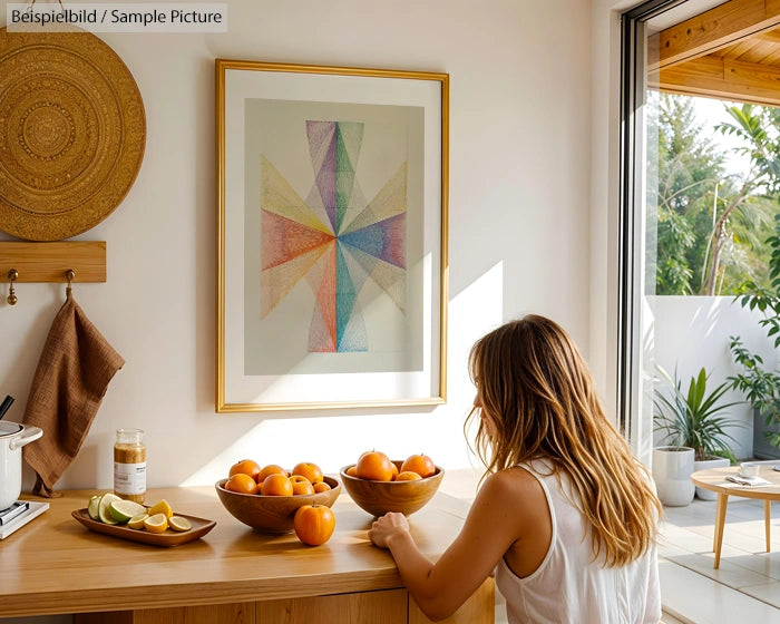 Woman seated at kitchen table with fruit bowls, in a sunlit room featuring abstract wall art and a view outside.