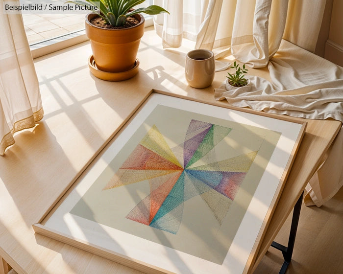 Framed geometric artwork on table with potted plant, curtain, and coffee mug, sunlight streaming through window.