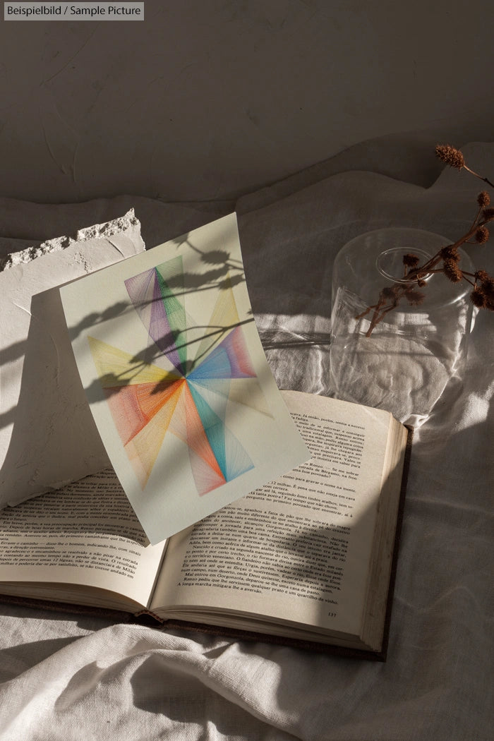 Geometric abstract art print on paper, resting on an open book with dried flowers in a glass vase, casting shadows.