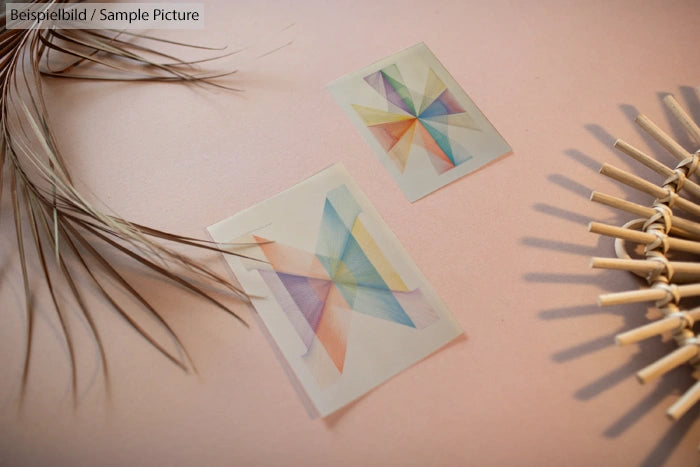 Geometric abstract art prints on soft pink surface with dry plant stems and wicker decoration.