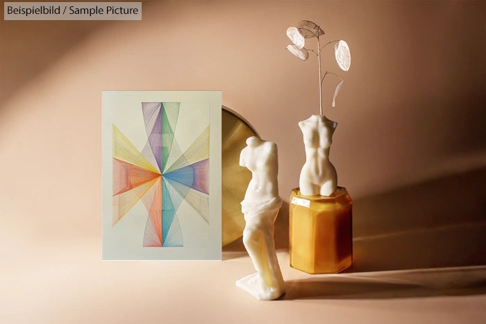Geometric art with colorful lines beside abstract sculptures on a beige background.