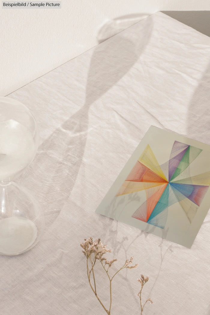 Colorful geometric art print on a white cloth table beside an hourglass and dried flowers.