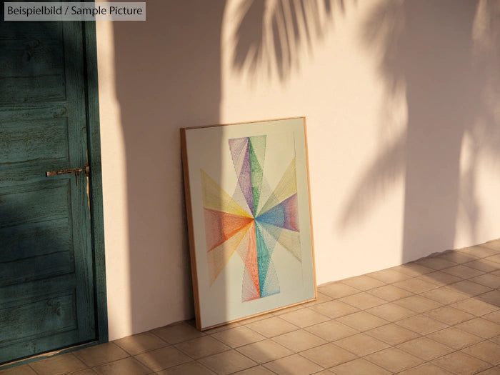 Framed geometric art with colorful triangles leaning against a wall in sunlight, near a blue door casting tree shadows.