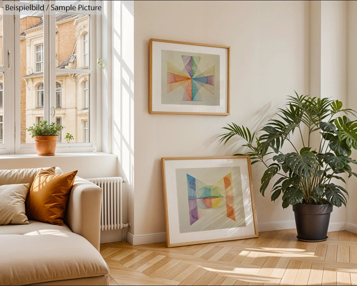 Bright living room with geometric art, large windows, potted plant, beige couch, and hardwood floors.