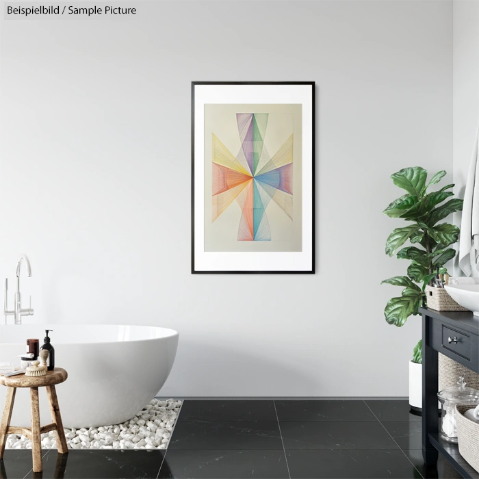 Modern bathroom with a freestanding tub, geometric art on the wall, and a large plant beside a vanity on a black floor.
