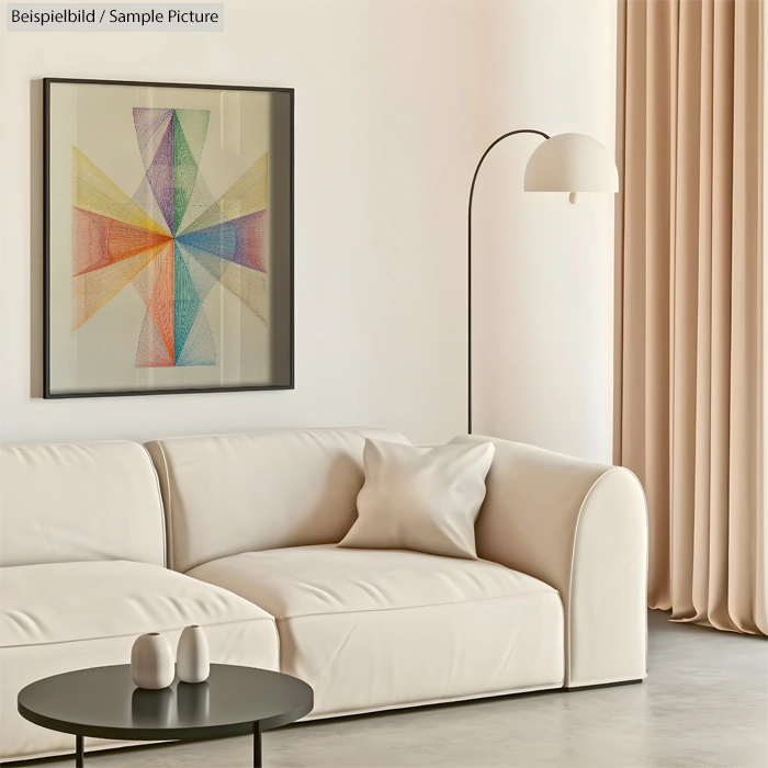 Modern living room with white sofa, geometric art, round table, and floor lamp, against cream curtains.
