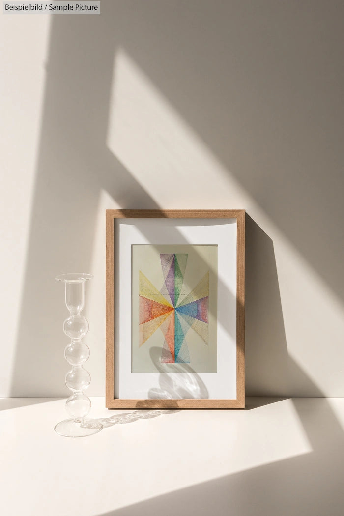 Framed geometric artwork with colorful triangles beside a transparent, bubble-shaped candle holder on a white surface.