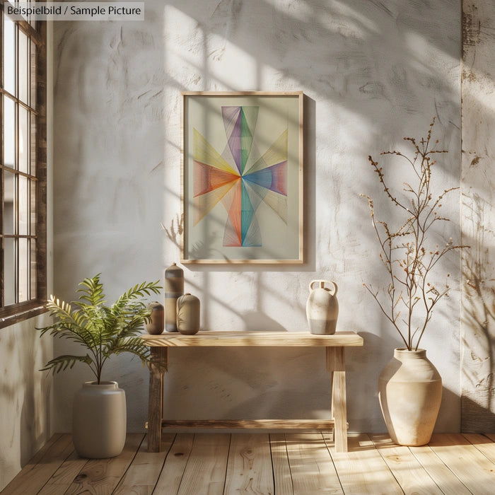 Sunlit rustic interior with abstract geometric art on wall, wooden bench, potted plants, and vases near window.