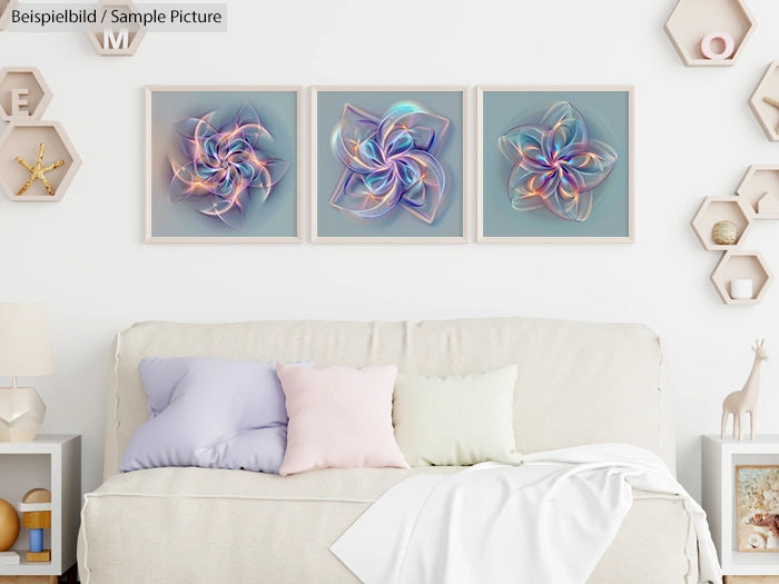 Living room with beige sofa, pastel cushions, and three abstract art pieces on the wall with geometric designs.