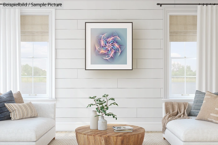Modern living room with abstract art on white paneled wall, two sofas, wooden table, and large windows.