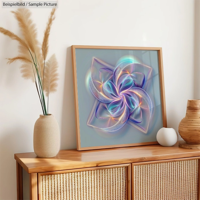 Framed abstract artwork with vibrant swirling patterns on a wooden cabinet, adorned with decorative vases.