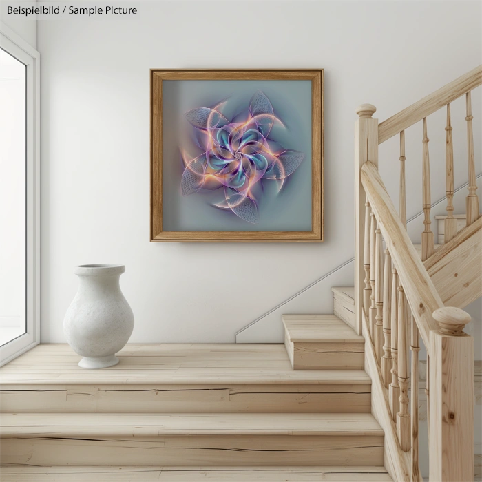 Framed abstract floral art on wall above wooden staircase with ceramic vase.