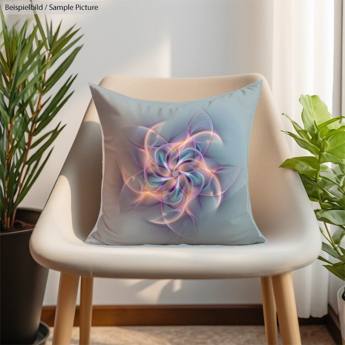 Decorative pillow with abstract floral design on a modern chair, surrounded by green potted plants in a sunlit room.