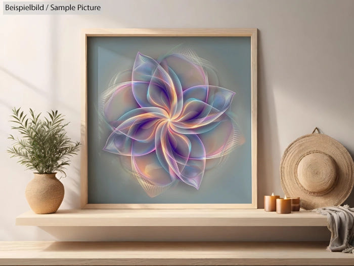 Framed abstract artwork with colorful swirling flower design, placed on a shelf with candles and a potted plant.