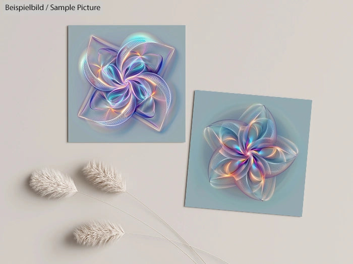 Two abstract geometric artworks with colorful, swirling patterns on a simple background, accompanied by dried plants.