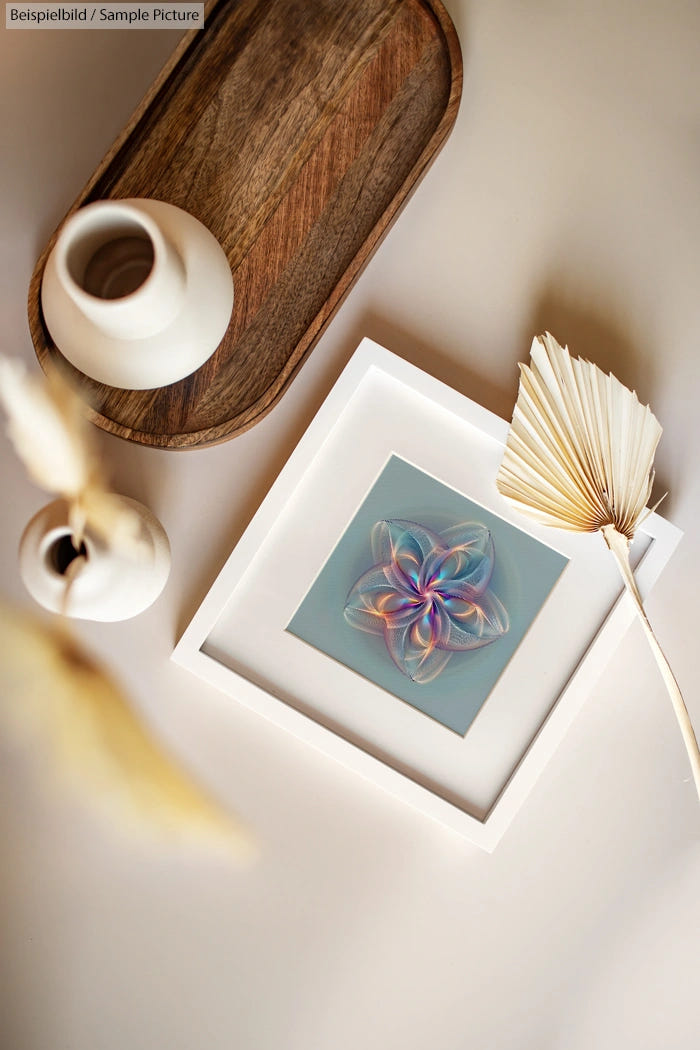 Modern art print with colorful abstract flower, framed and placed on a table with decorative vases and leaves.