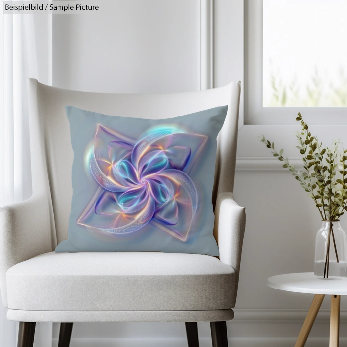 Decorative pillow with abstract, colorful swirl design on a modern armchair by a window.