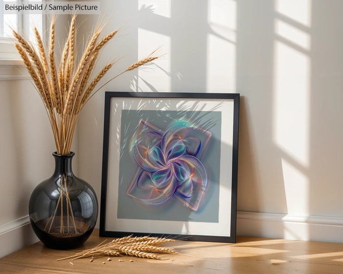 Modern art piece with colorful abstract geometric pattern in frame, leaning against wall near black vase with wheat stalks.
