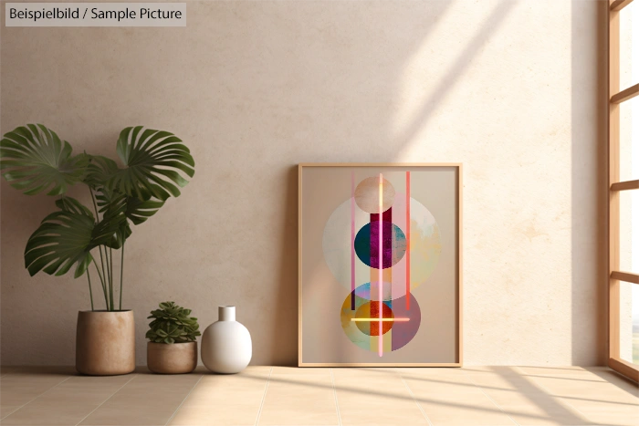 Modern room with abstract art, featuring circular shapes, beside potted plants and two small decorative vases.