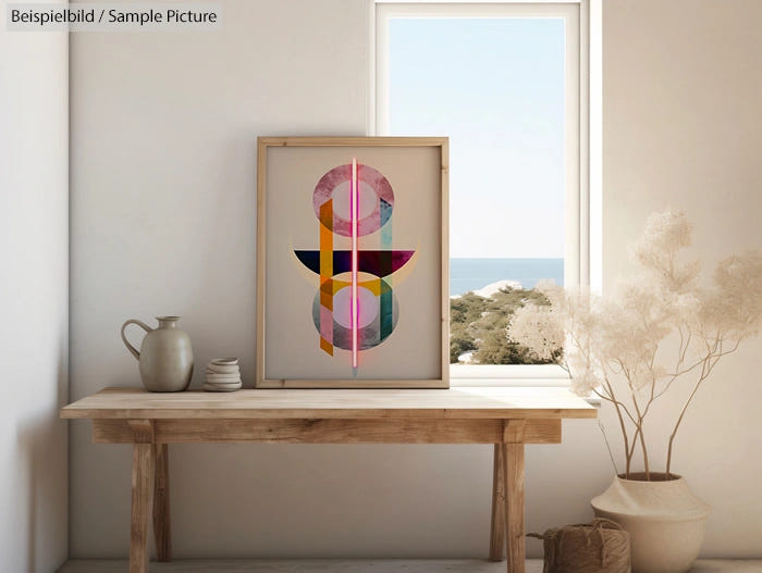 Cozy room with abstract art on table, a ceramic vase, dried plants, and a window overlooking a scenic view.