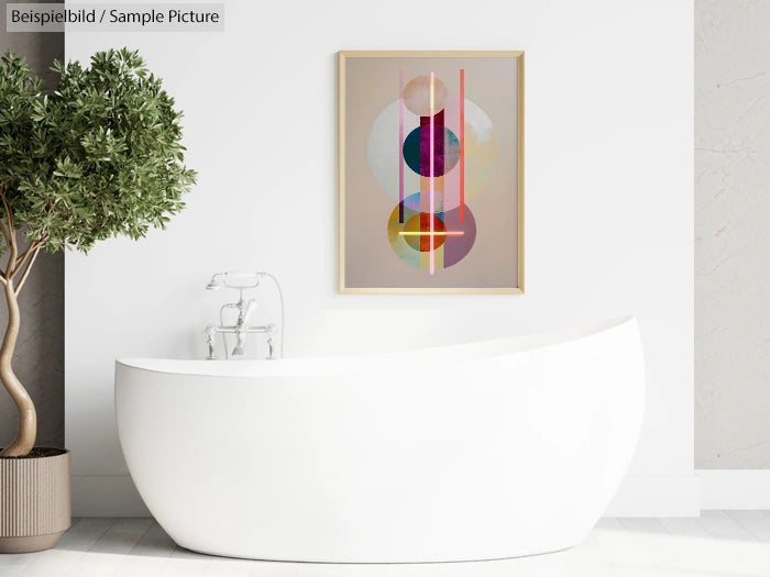 Modern bathroom with a sleek white bathtub and abstract geometric artwork on the wall.
