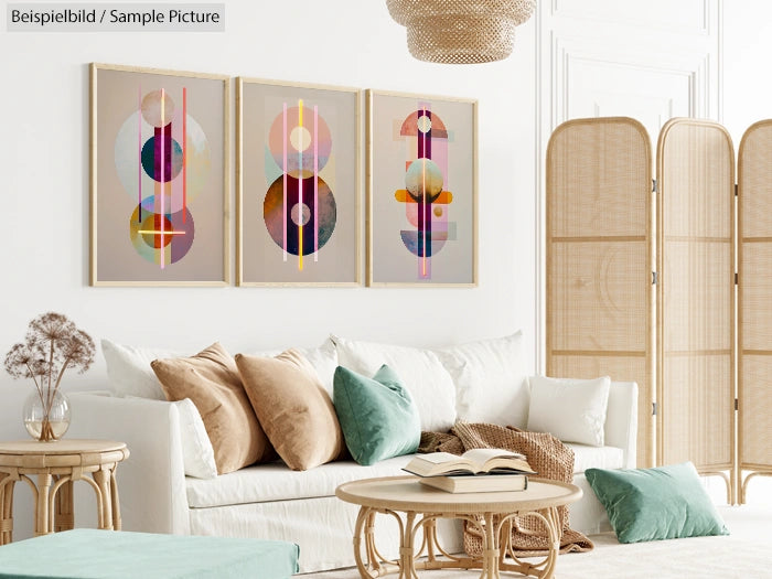 Modern living room with neutral decor, abstract art on walls, wicker furniture, and green accent pillows.