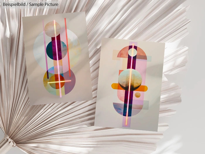 Two abstract geometric art prints on a textured silver background.