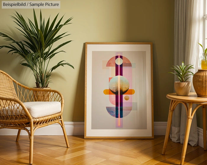 Framed abstract art with geometric shapes in a room with a wicker chair, plants, and sunlight streaming in through a window.
